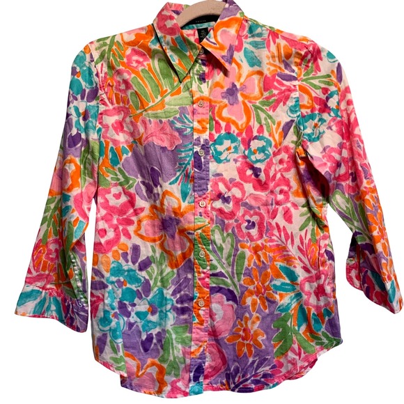 Lauren Ralph Lauren Tops - Lauren Ralph Lauren Floral Button Shirt Women PS Multicolor Watercolor Cotton